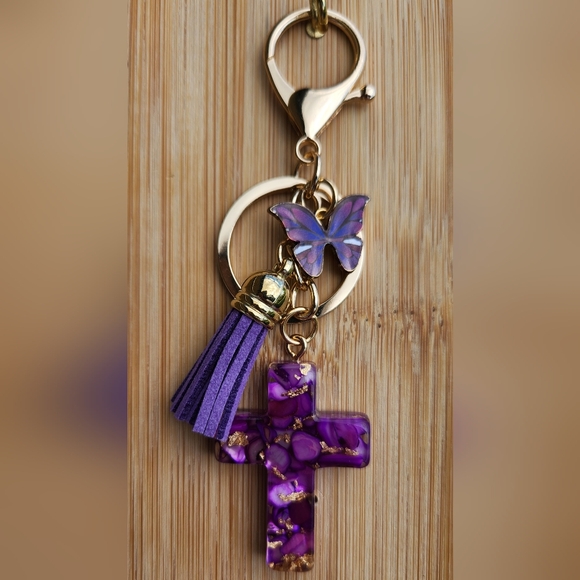 Cross and Butterfly Purse Charm/Key Chain, Purple Resin Cross, Enamel Butterfly - Picture 1 of 5